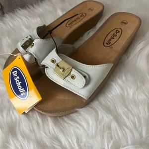 Dr. Scholl's White Slide Sandals with Gold Buckle